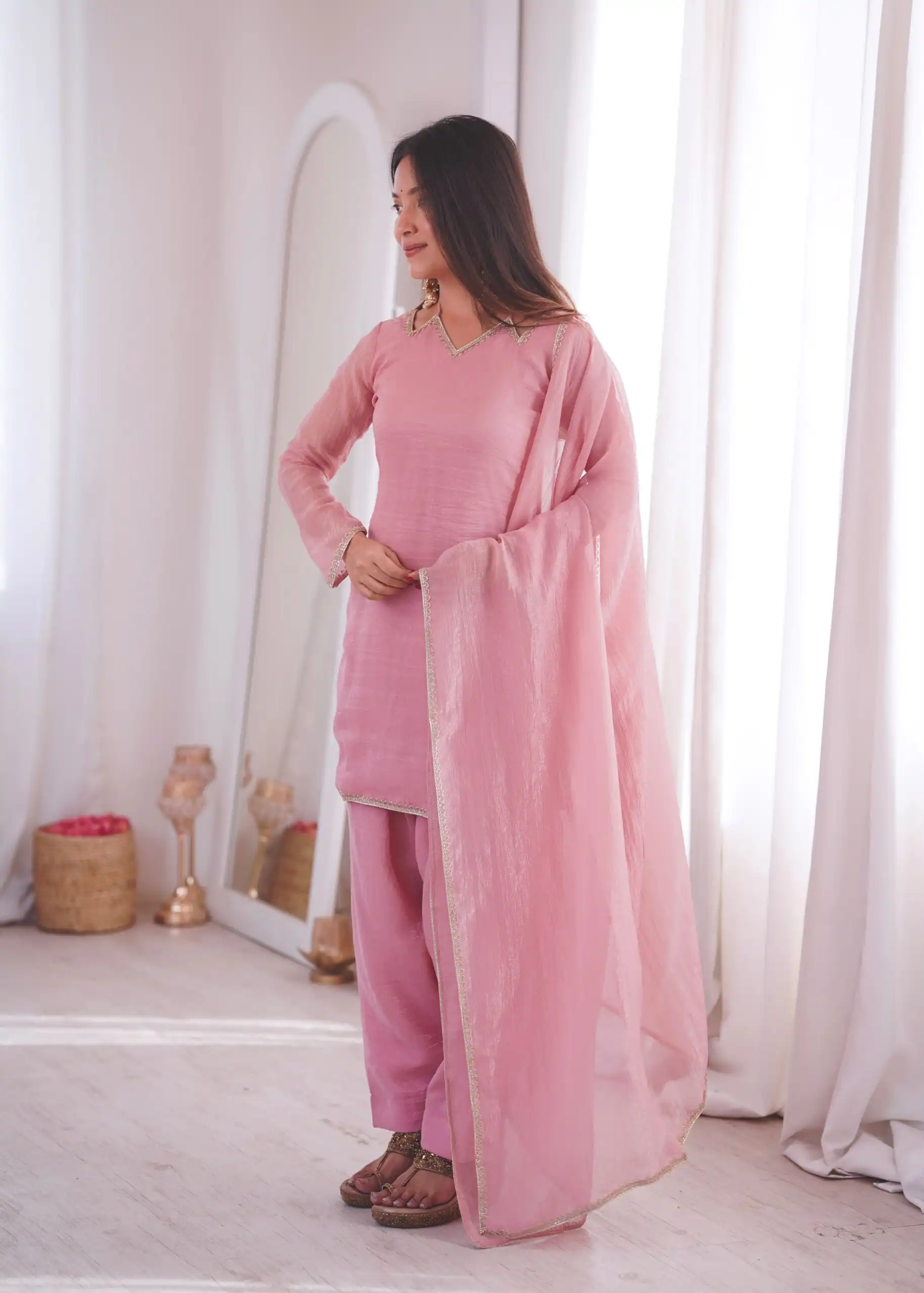 Aglow Pink Crunchy Silk Lace Border Work Salwar Suit