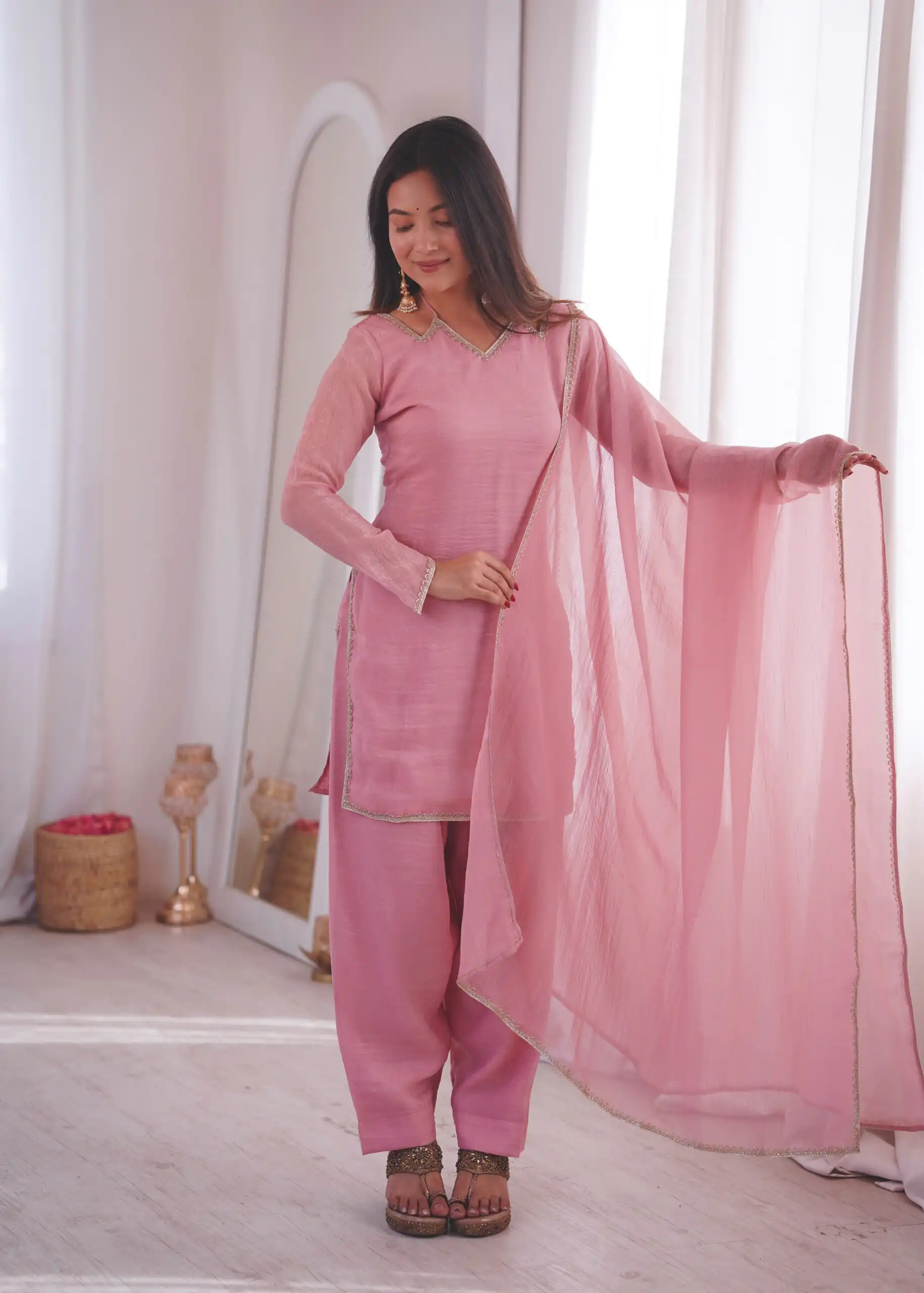 Aglow Pink Crunchy Silk Lace Border Work Salwar Suit