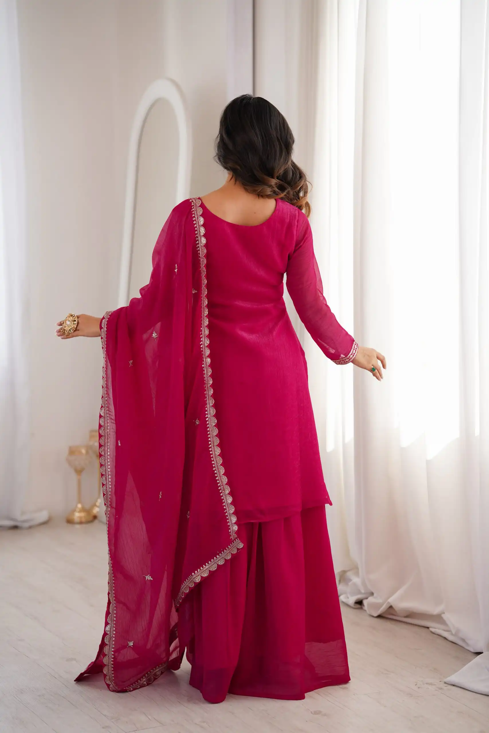 Aglow Pink Crunchy Silk Sequence Work Salwar Suit