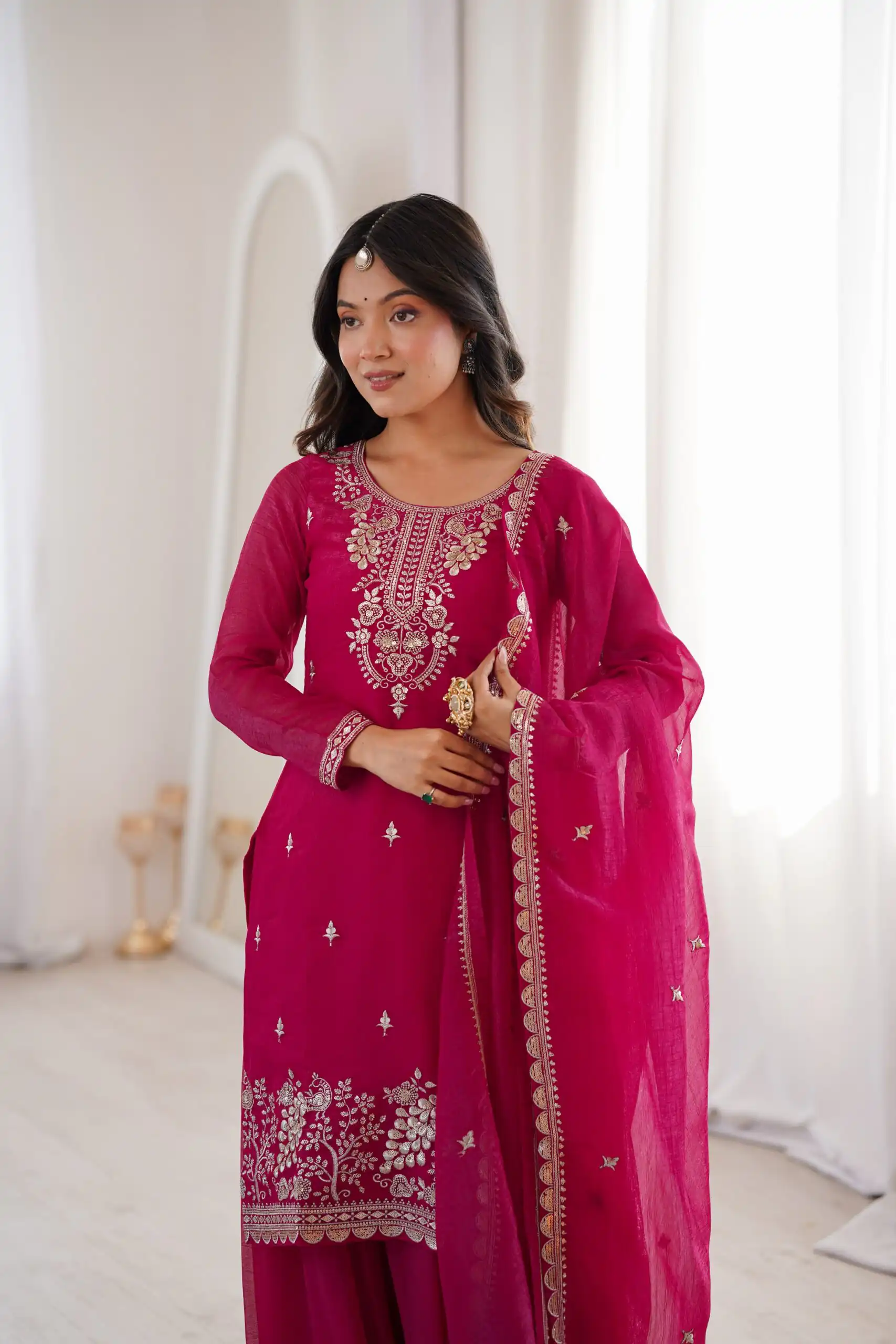 Aglow Pink Crunchy Silk Sequence Work Salwar Suit
