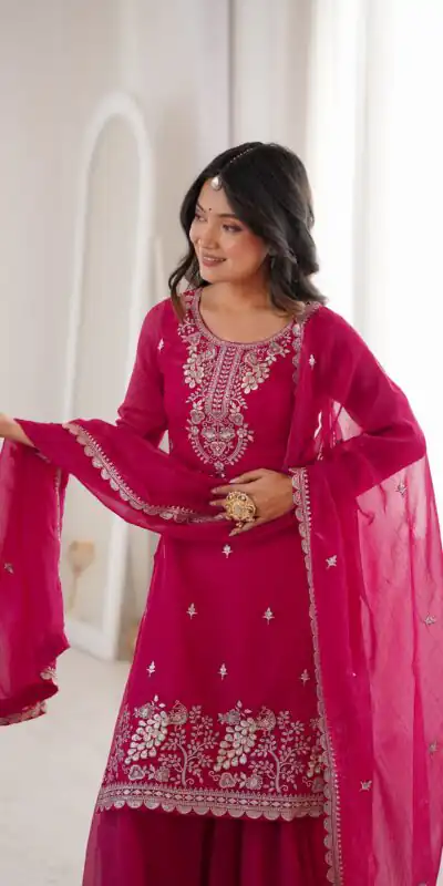Aglow Pink Crunchy Silk Sequence Work Salwar Suit