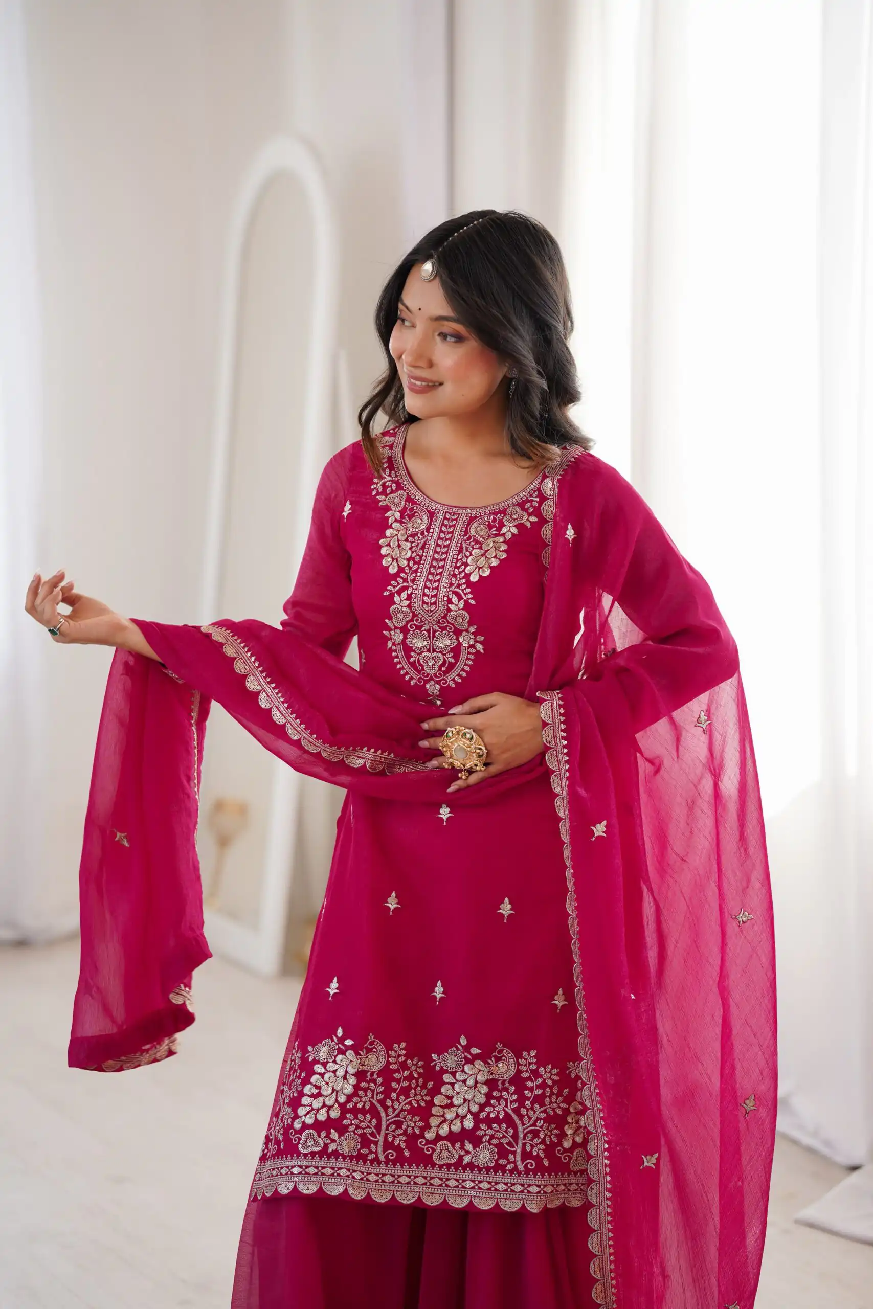 Aglow Pink Crunchy Silk Sequence Work Salwar Suit