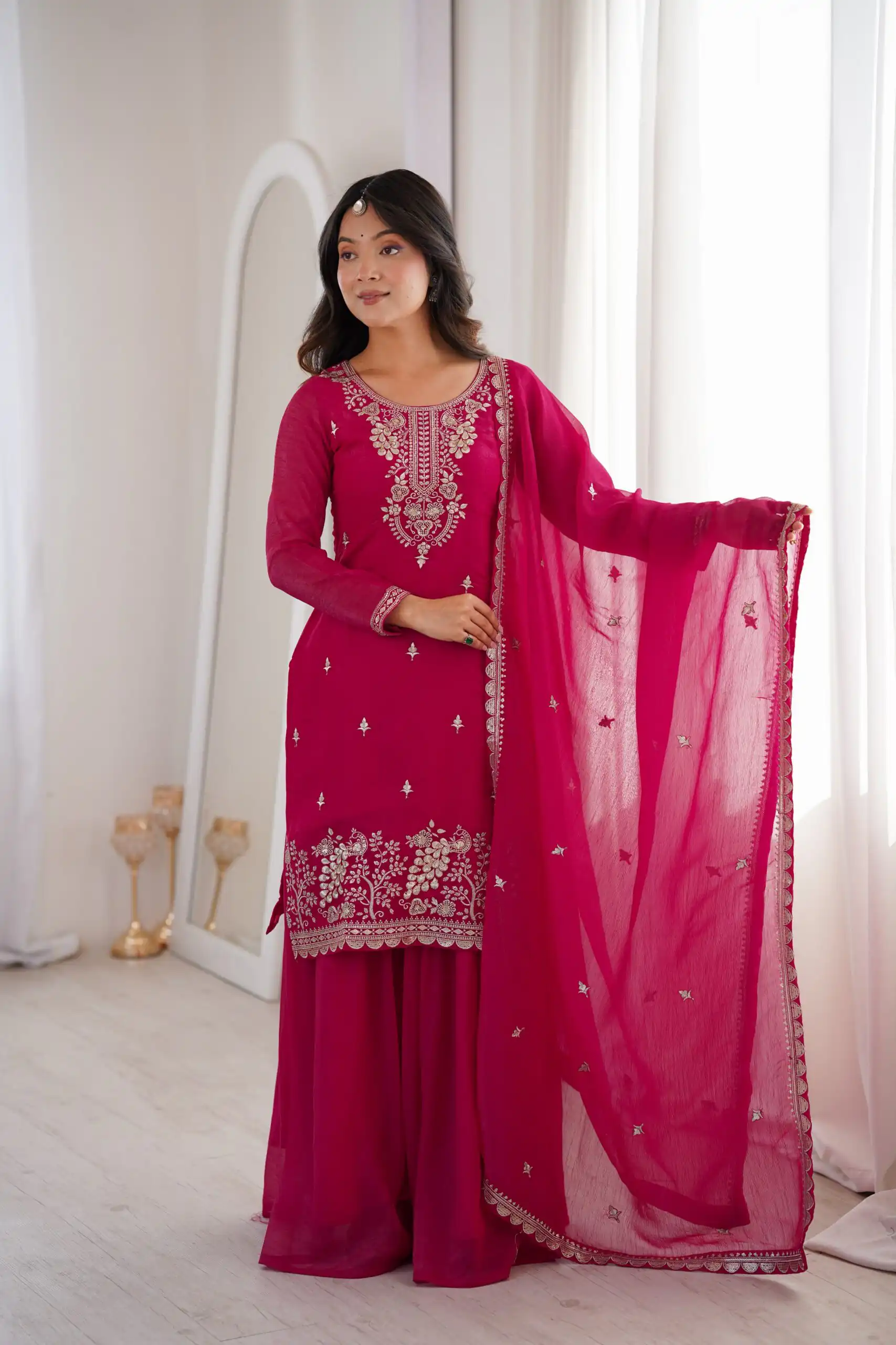 Aglow Pink Crunchy Silk Sequence Work Salwar Suit