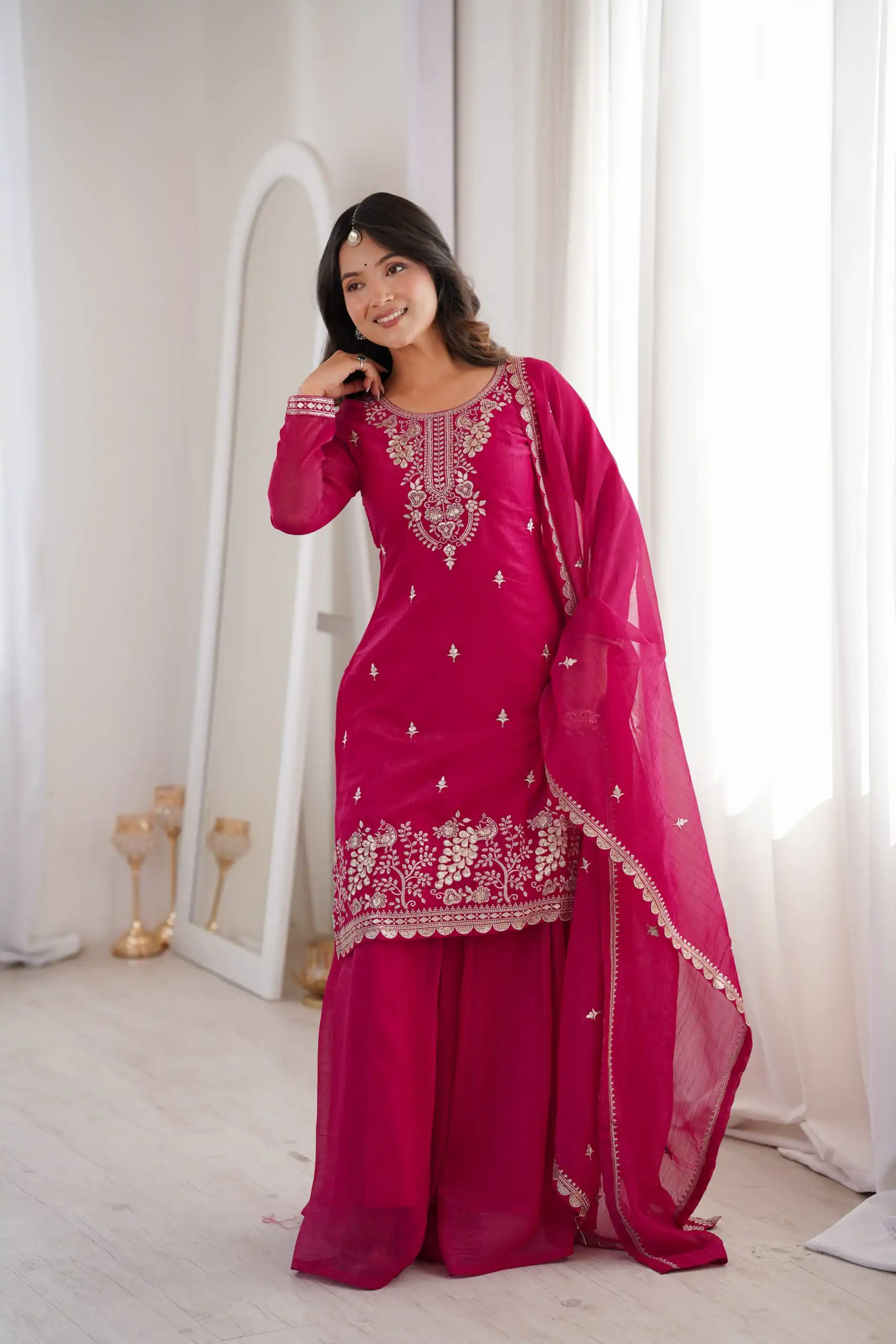 Aglow Pink Crunchy Silk Sequence Work Salwar Suit