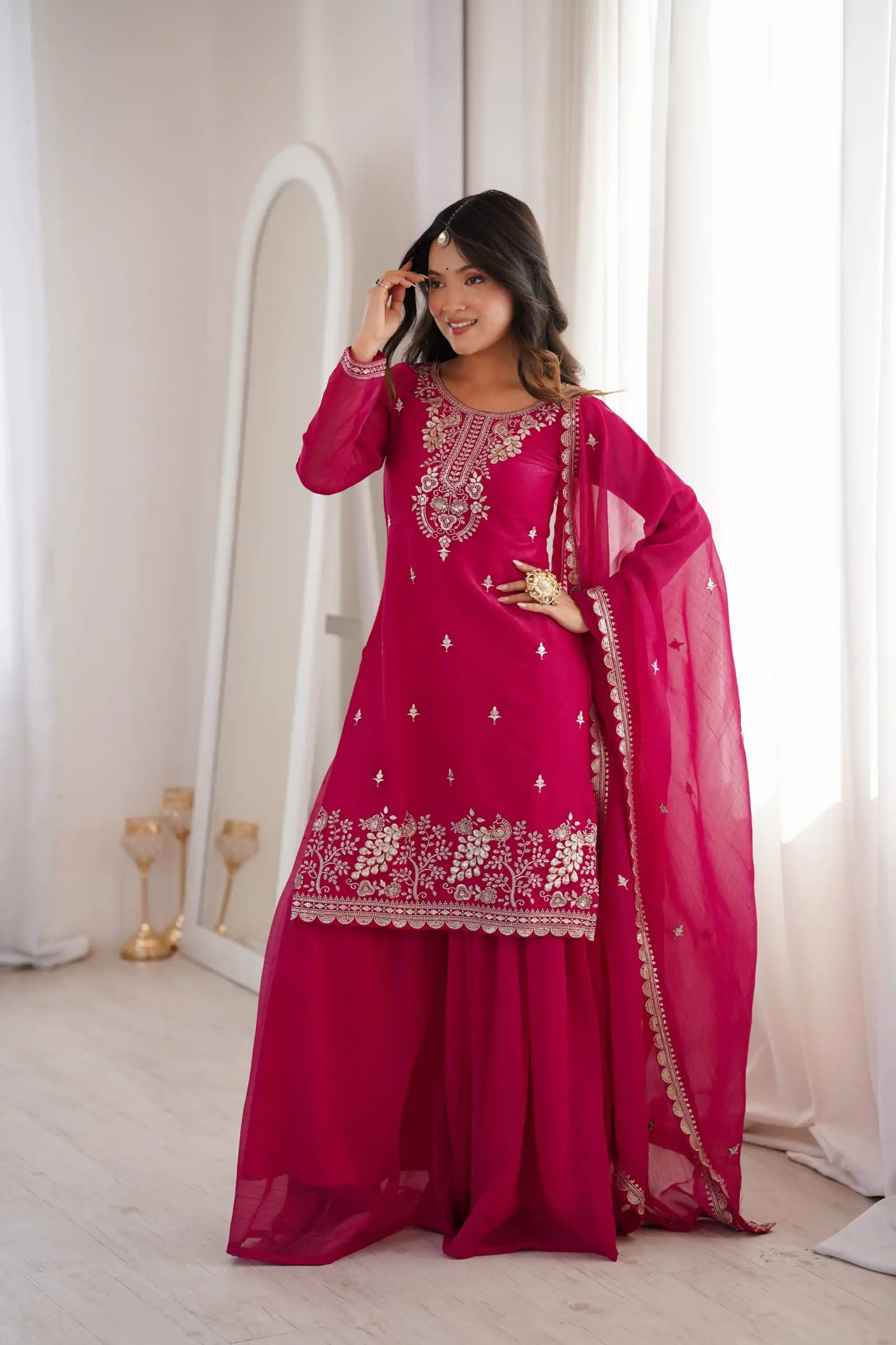 Aglow Pink Crunchy Silk Sequence Work Salwar Suit