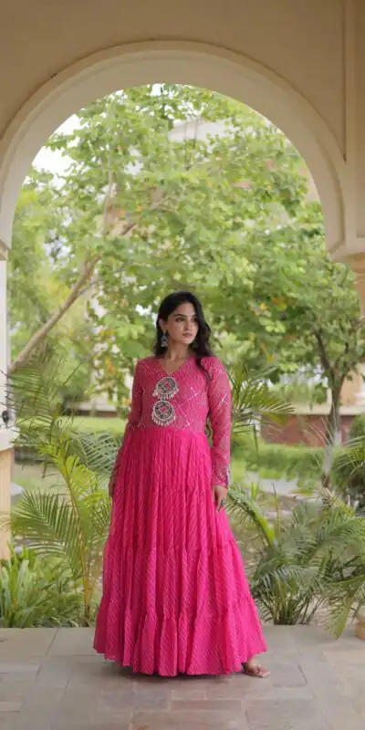 Aglow Pink Faux Georgette Patch Work Gown