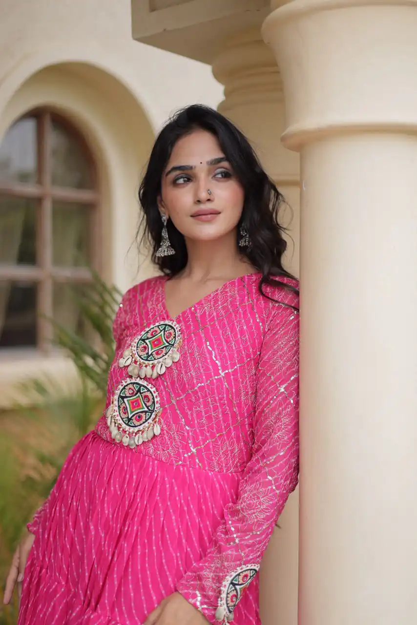 Aglow Pink Faux Georgette Patch Work Gown