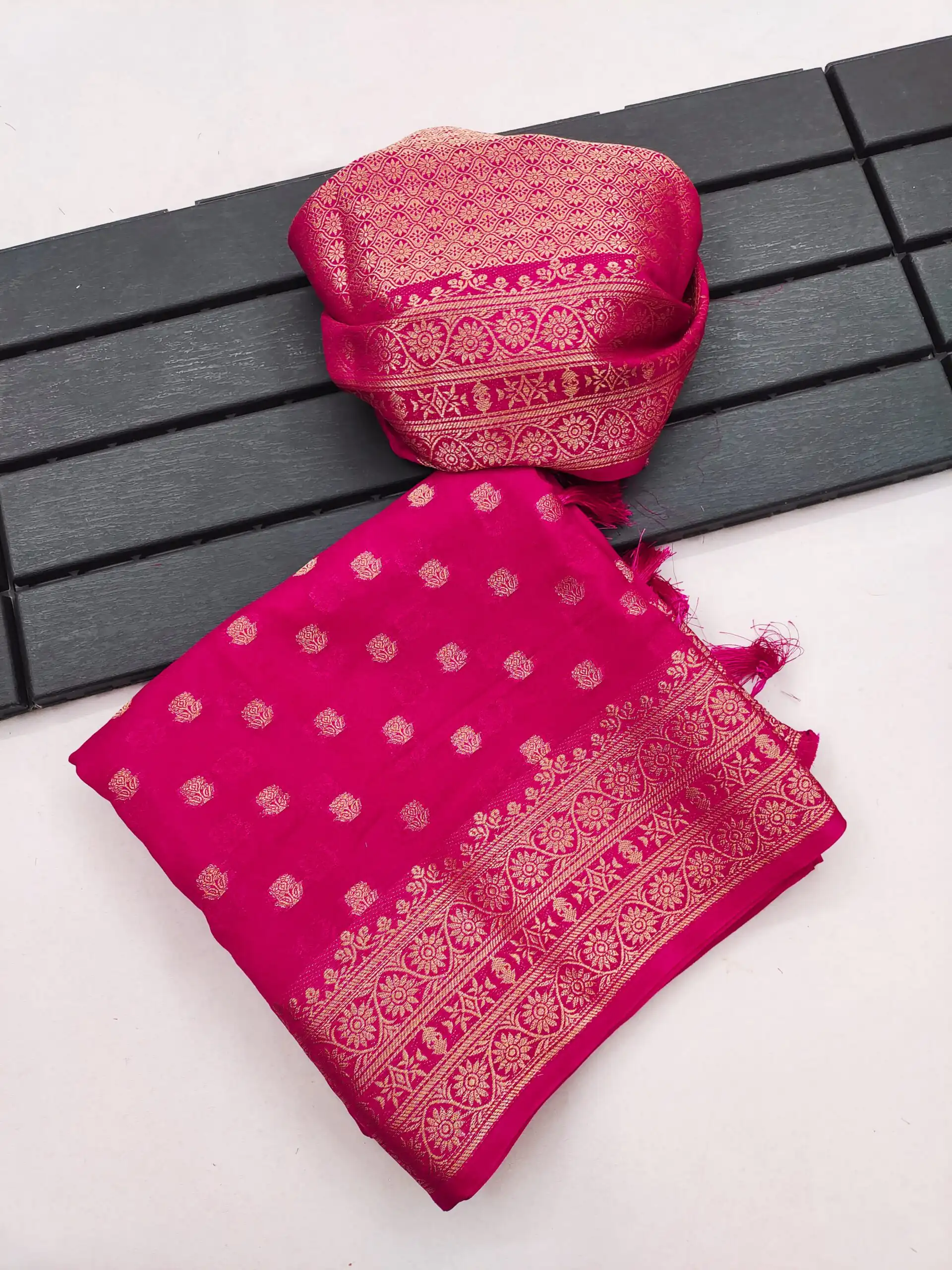 Aglow Pink Viscose Dolla Silk Meenakari Zari Work Saree