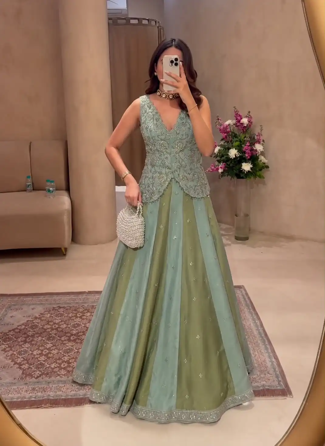 Aglow Pista Chinon Silk Embroidery Work Lehenga Choli