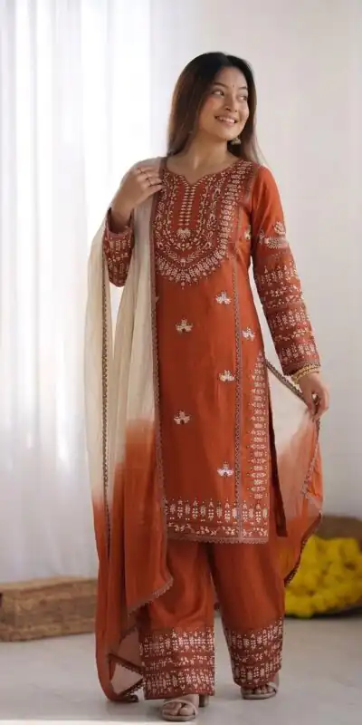 Aglow Rust Rayon Cotton Embroidery Work Salwar Suit