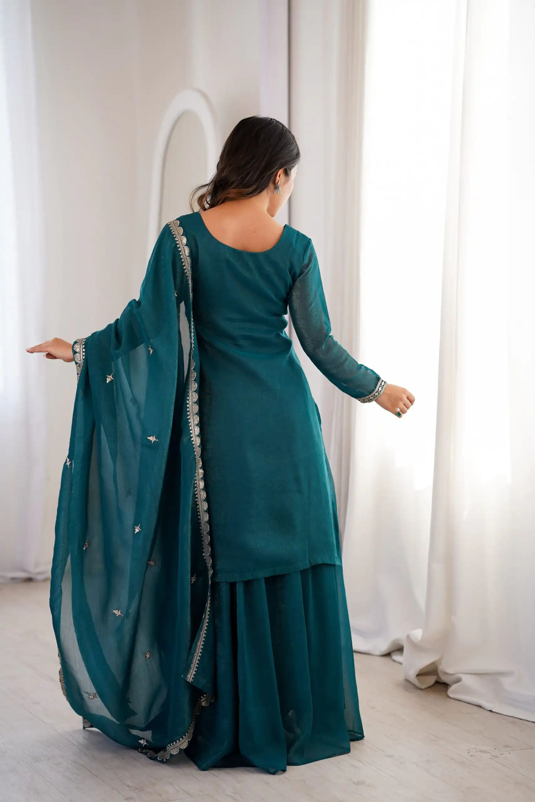 Aglow Teal Crunchy Silk Sequence Work Salwar Suit