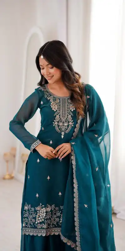 Aglow Teal Crunchy Silk Sequence Work Salwar Suit