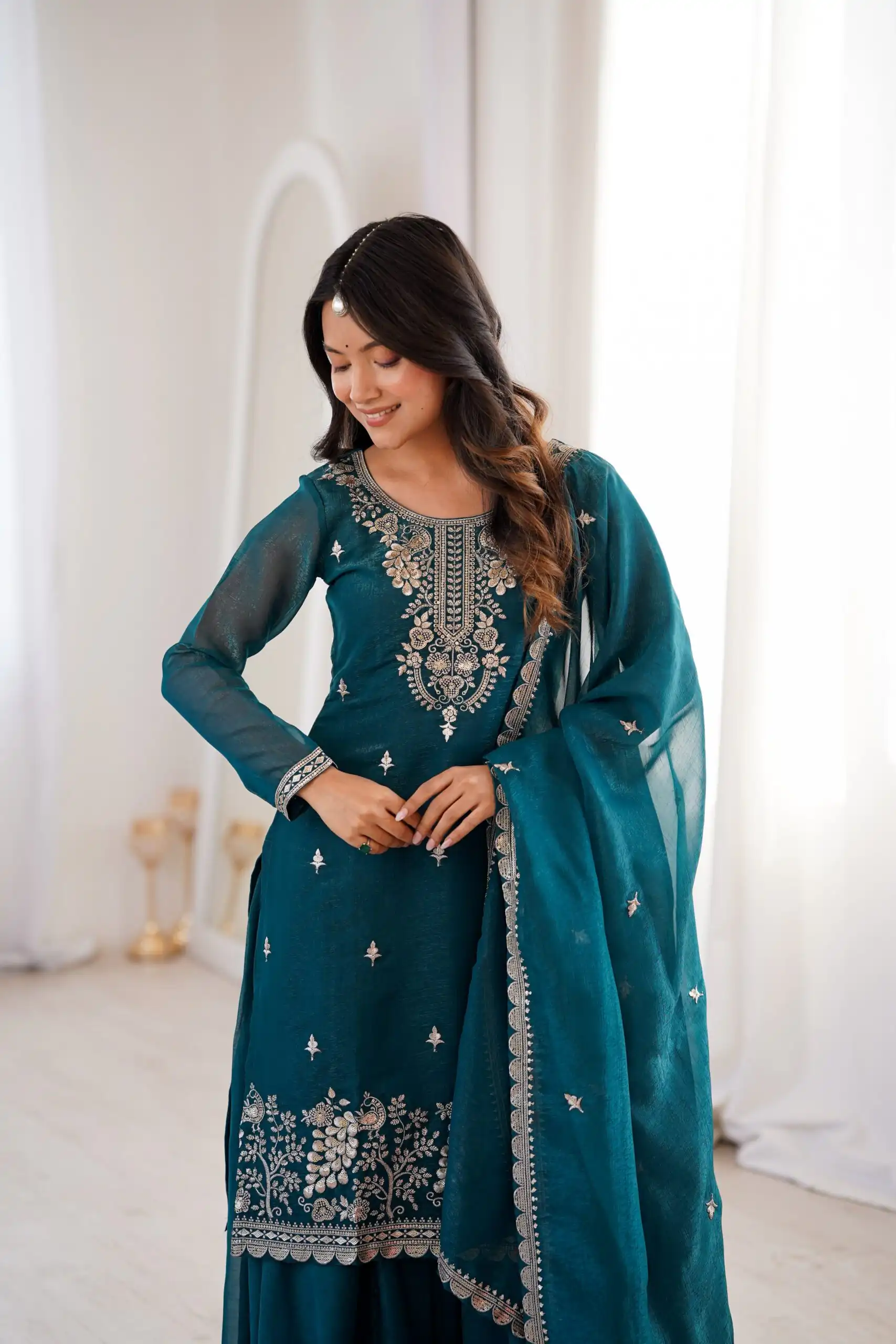 Aglow Teal Crunchy Silk Sequence Work Salwar Suit