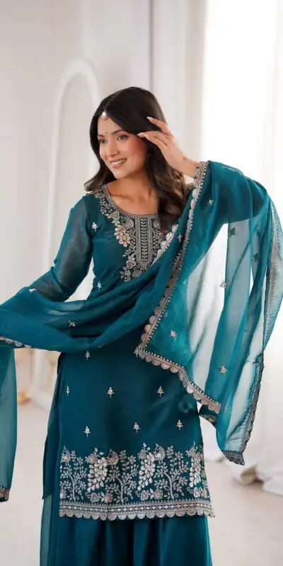 Aglow Teal Crunchy Silk Sequence Work Salwar Suit