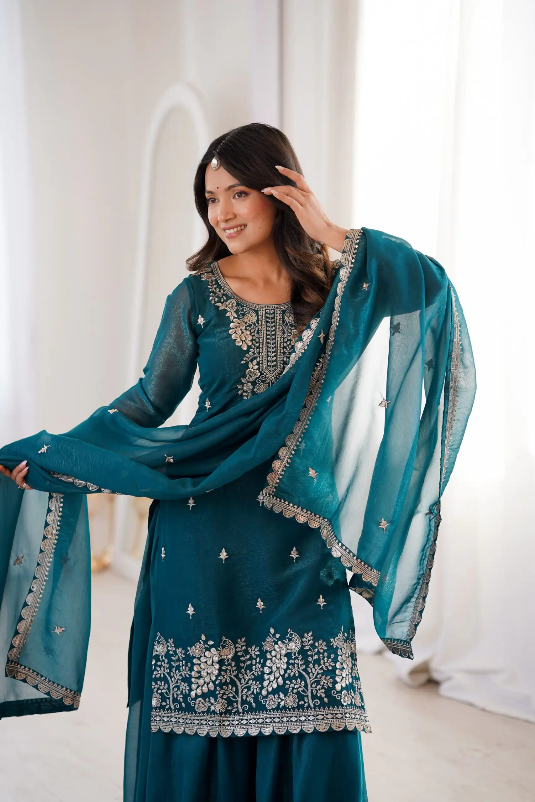 Aglow Teal Crunchy Silk Sequence Work Salwar Suit