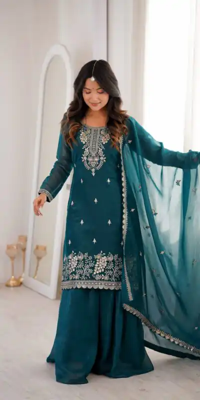 Aglow Teal Crunchy Silk Sequence Work Salwar Suit