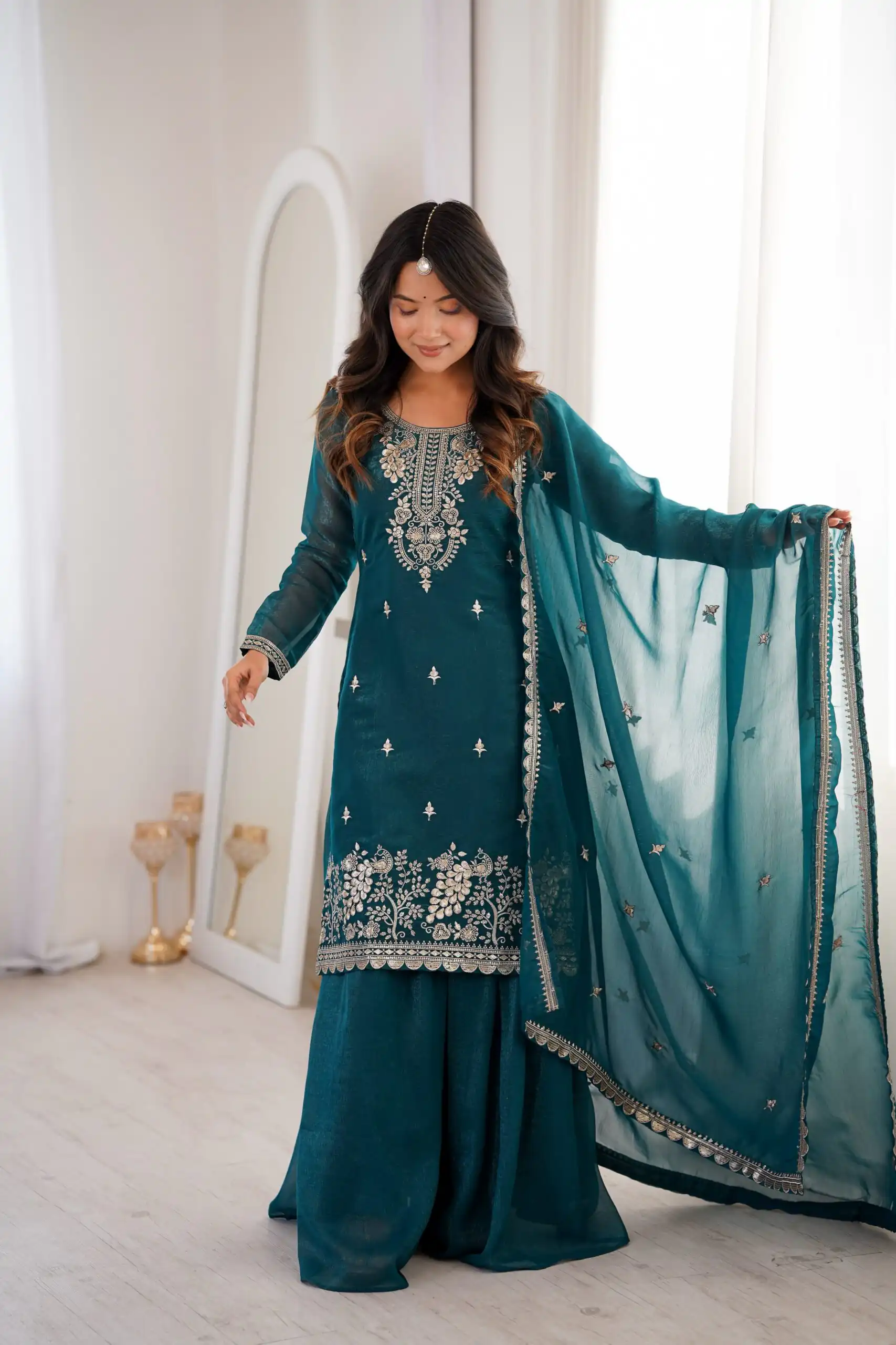 Aglow Teal Crunchy Silk Sequence Work Salwar Suit