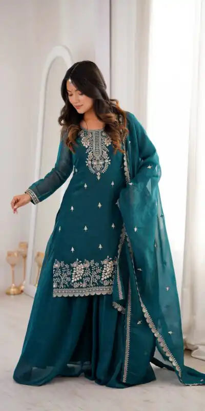 Aglow Teal Crunchy Silk Sequence Work Salwar Suit