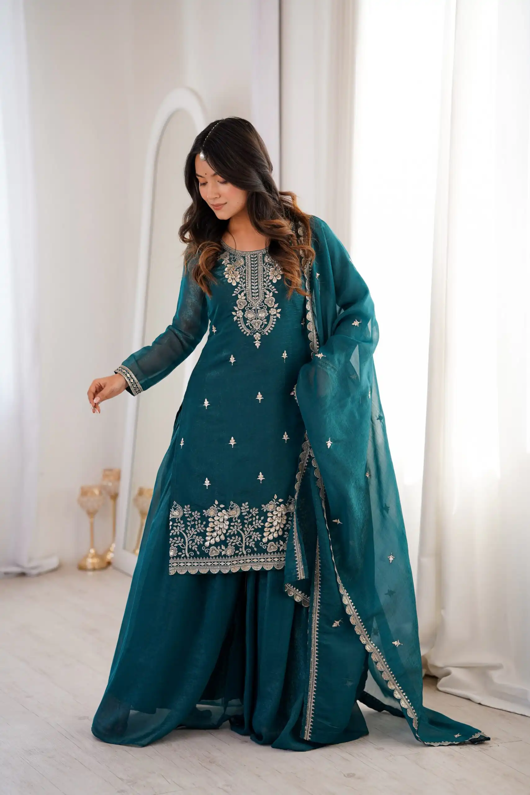 Aglow Teal Crunchy Silk Sequence Work Salwar Suit