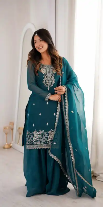 Aglow Teal Crunchy Silk Sequence Work Salwar Suit