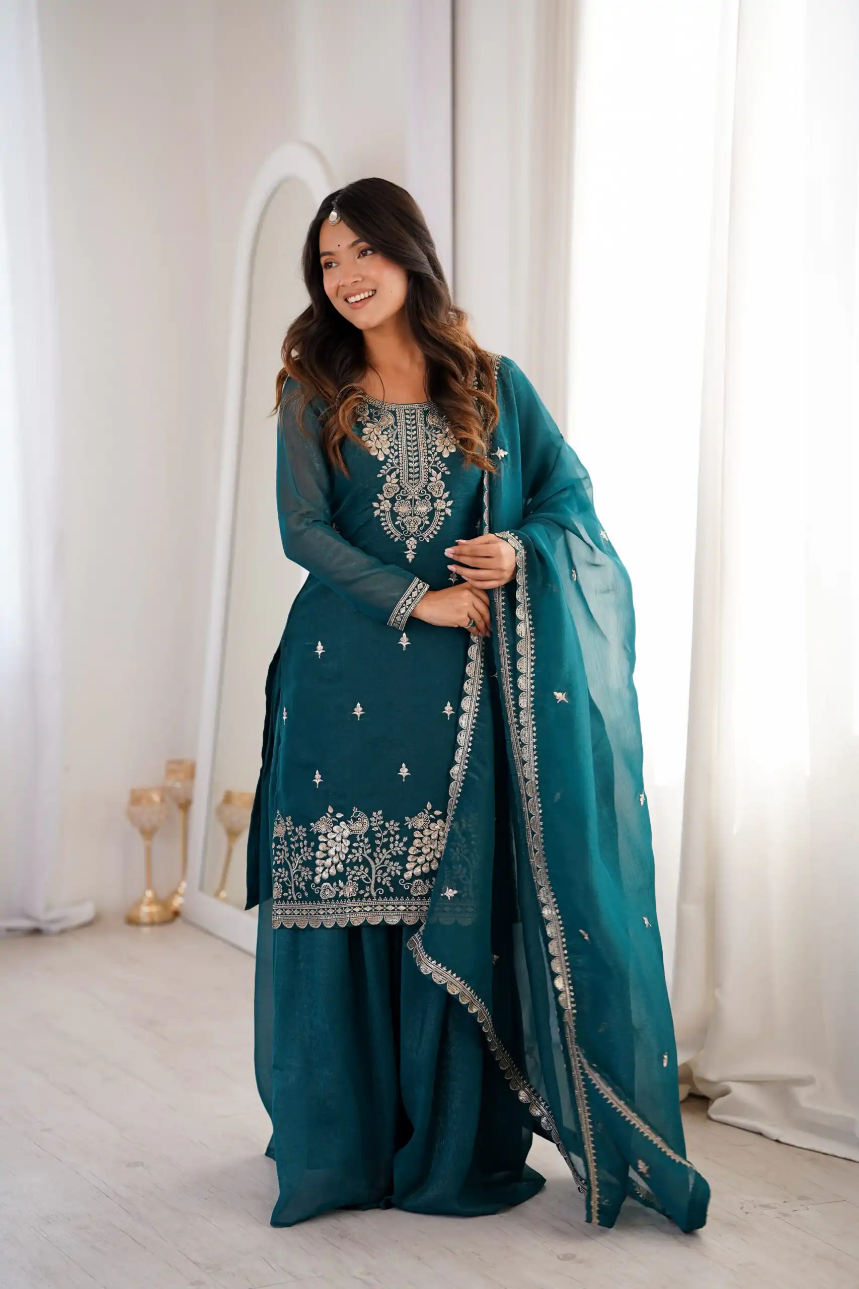 Aglow Teal Crunchy Silk Sequence Work Salwar Suit