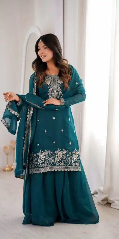 Aglow Teal Crunchy Silk Sequence Work Salwar Suit