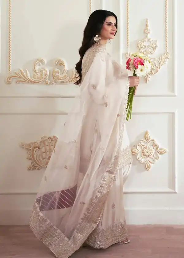 Aglow White French Crep Silk Mirror Work Salwar Suit