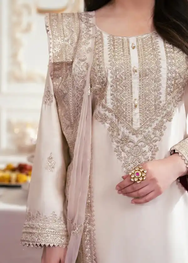 Aglow White French Crep Silk Mirror Work Salwar Suit