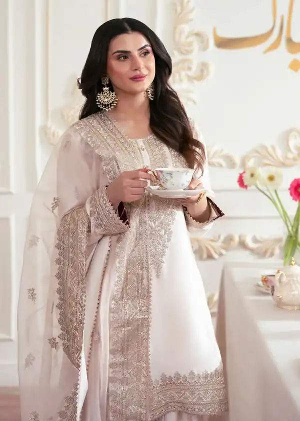 Aglow White French Crep Silk Mirror Work Salwar Suit
