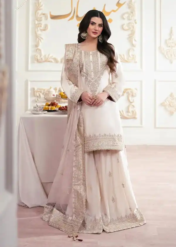 Aglow White French Crep Silk Mirror Work Salwar Suit