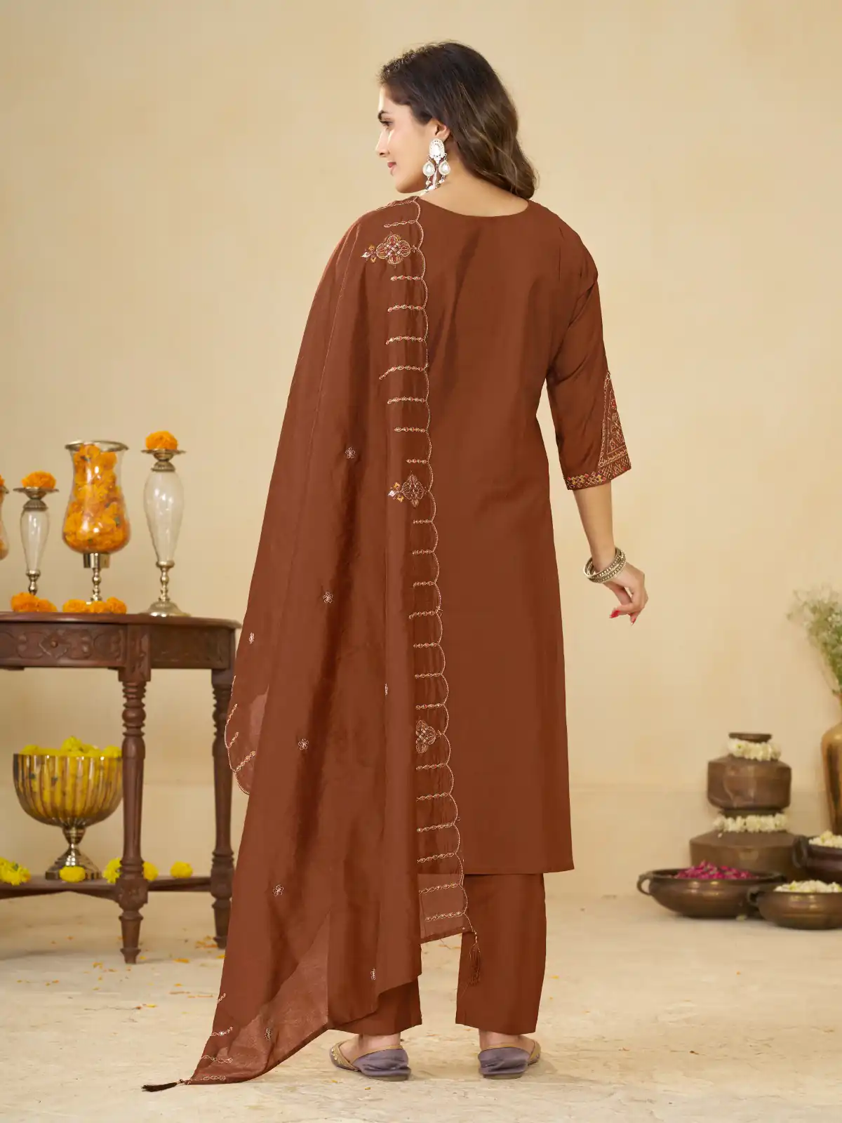 Alluring Brown Marina Silk Embroidery Work Salwar Suit