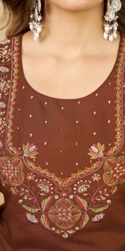 Alluring Brown Marina Silk Embroidery Work Salwar Suit