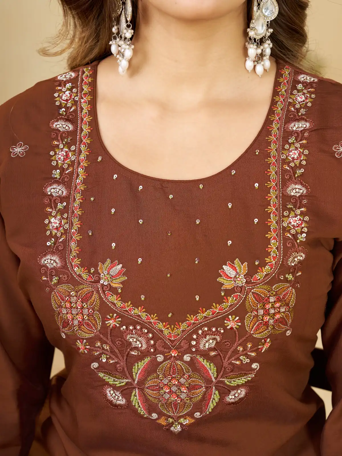 Alluring Brown Marina Silk Embroidery Work Salwar Suit