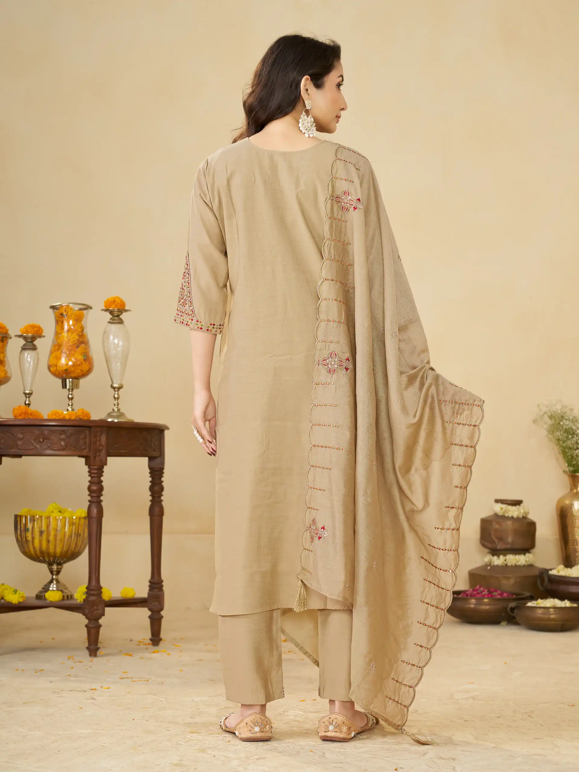 Alluring Cream Marina Silk Embroidery Work Salwar Suit