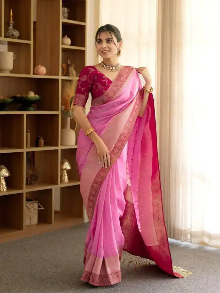 Alluring Pink Soft Silk Jacquard All Over Saree