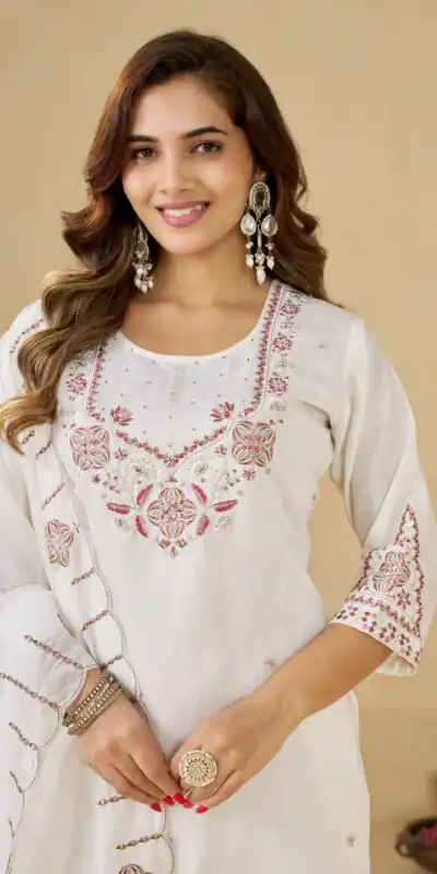 Alluring White Marina Silk Embroidery Work Salwar Suit