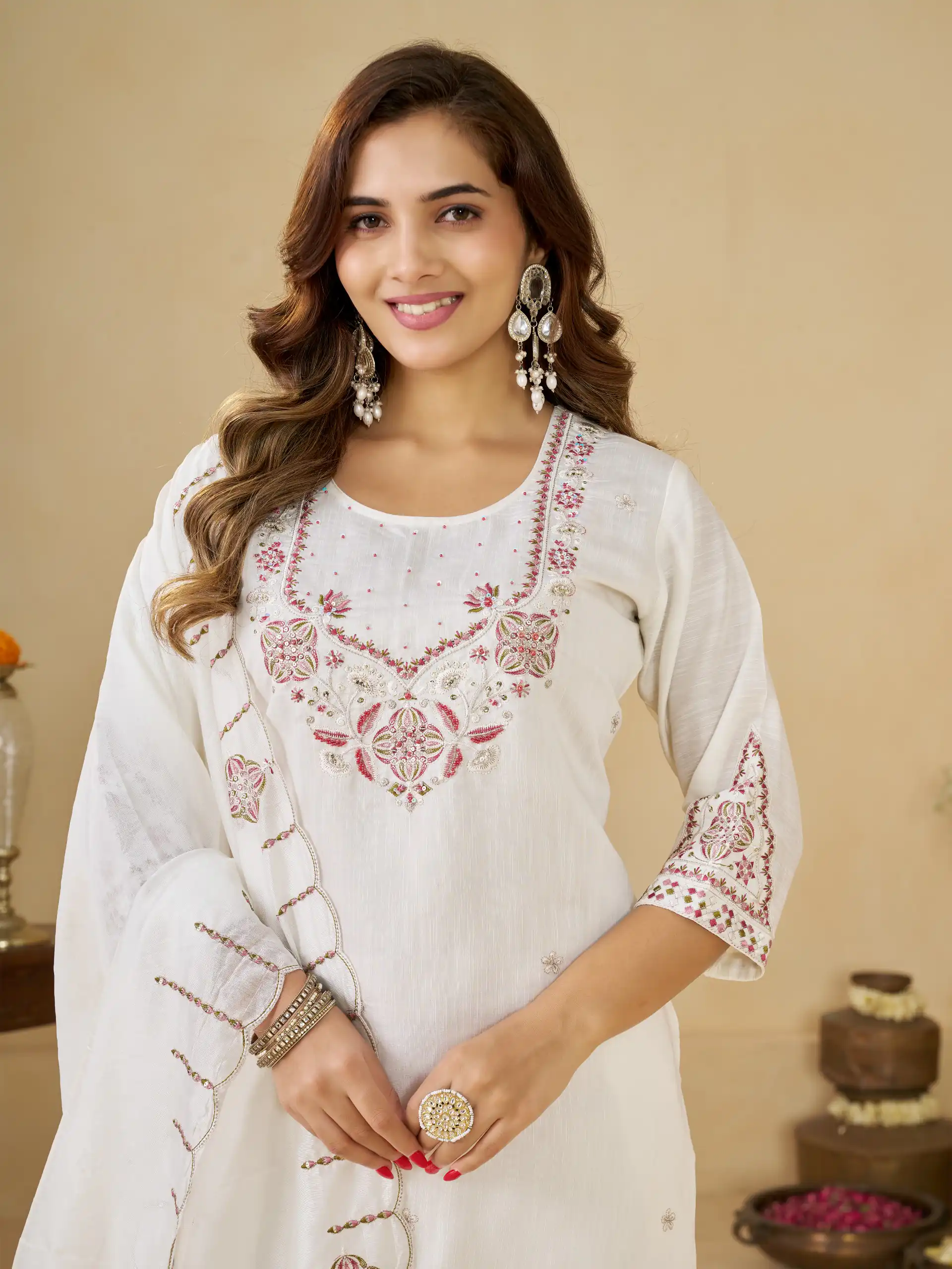 Alluring White Marina Silk Embroidery Work Salwar Suit