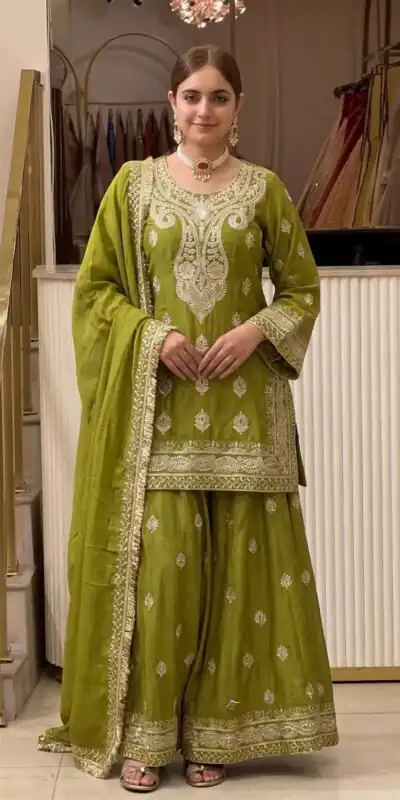Angelic Mehendi Chinon Silk Embroider Work Salwar Suit