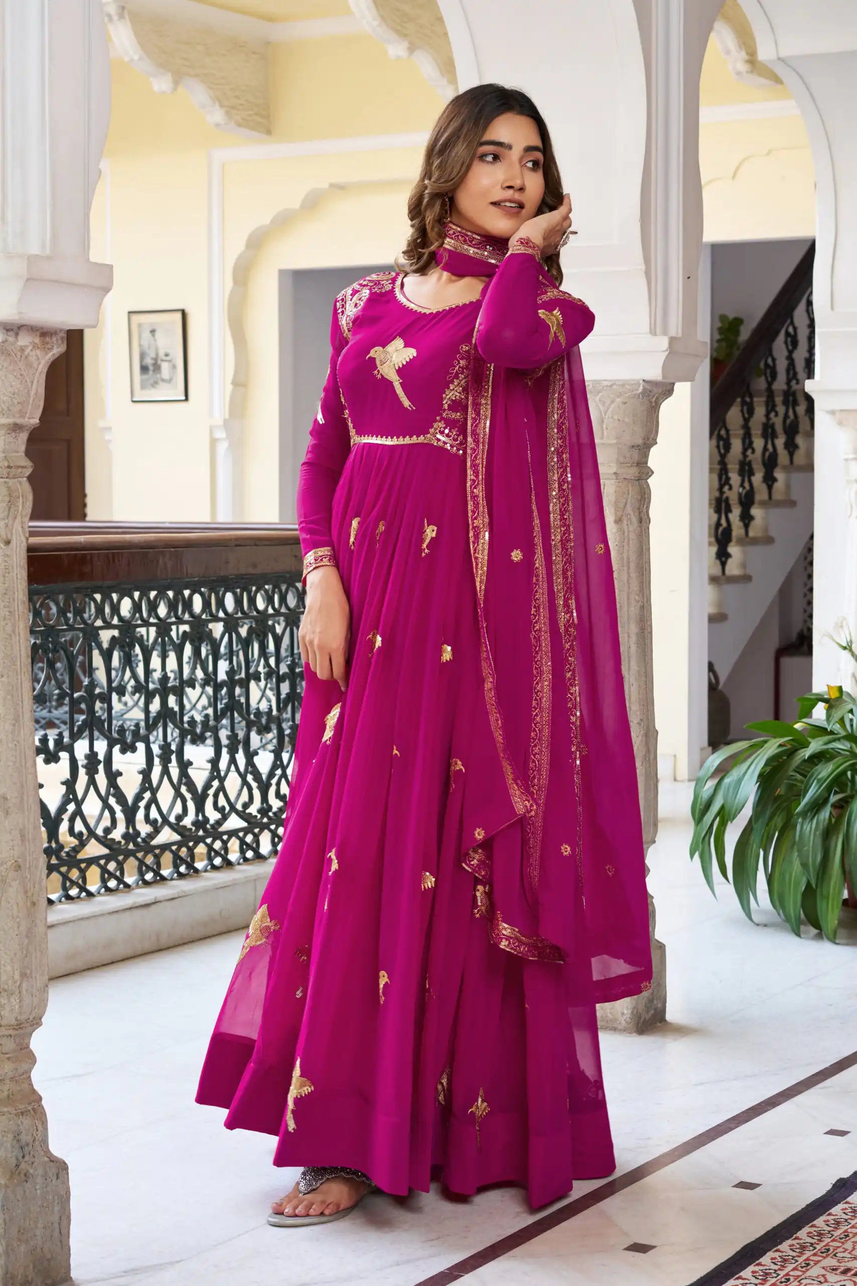 Angelic Pink Faux Georgette Thread Work Gown