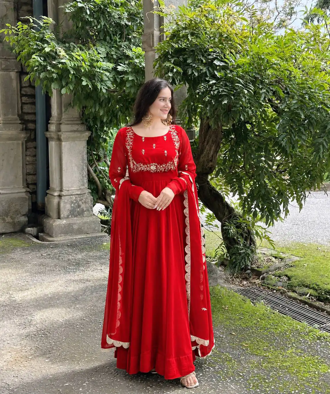 Angelic Red Faux Georgette Sequence Work Gown