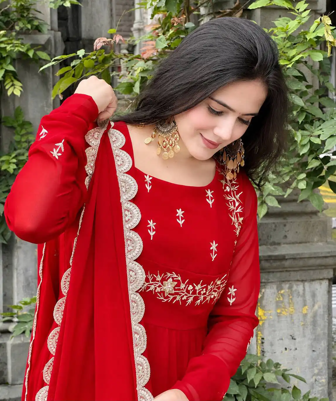 Angelic Red Faux Georgette Sequence Work Gown