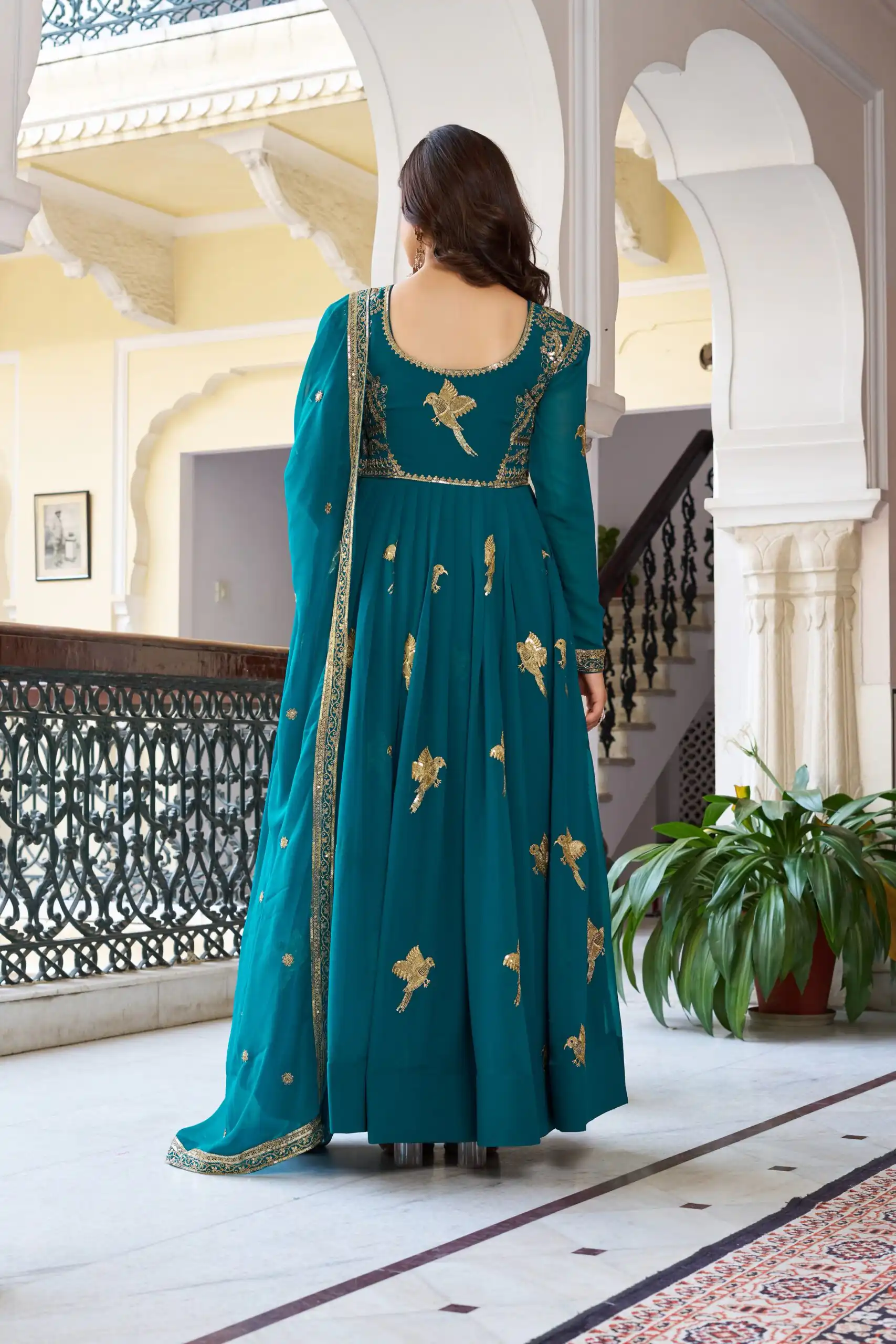 Angelic Teal Faux Georgette Thread Work Gown