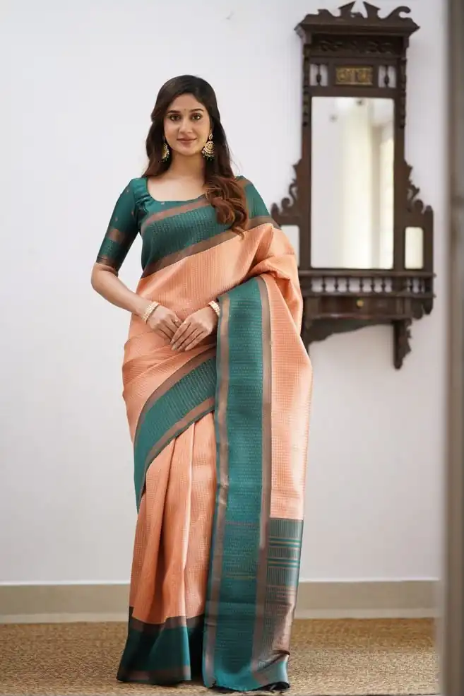 Cool Teal Soft Lichi Silk Lace Work Saree