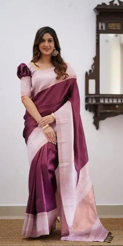 Cool Wine Soft Lichi Silk Lace Work Saree