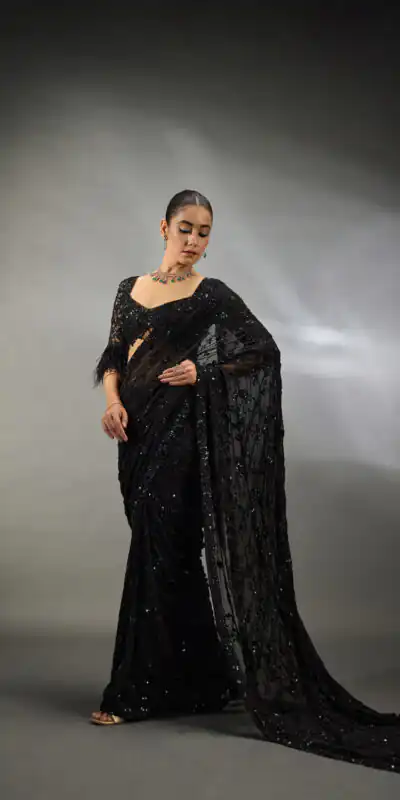 Fancy Black Faux Georgette Sequins Work Saree