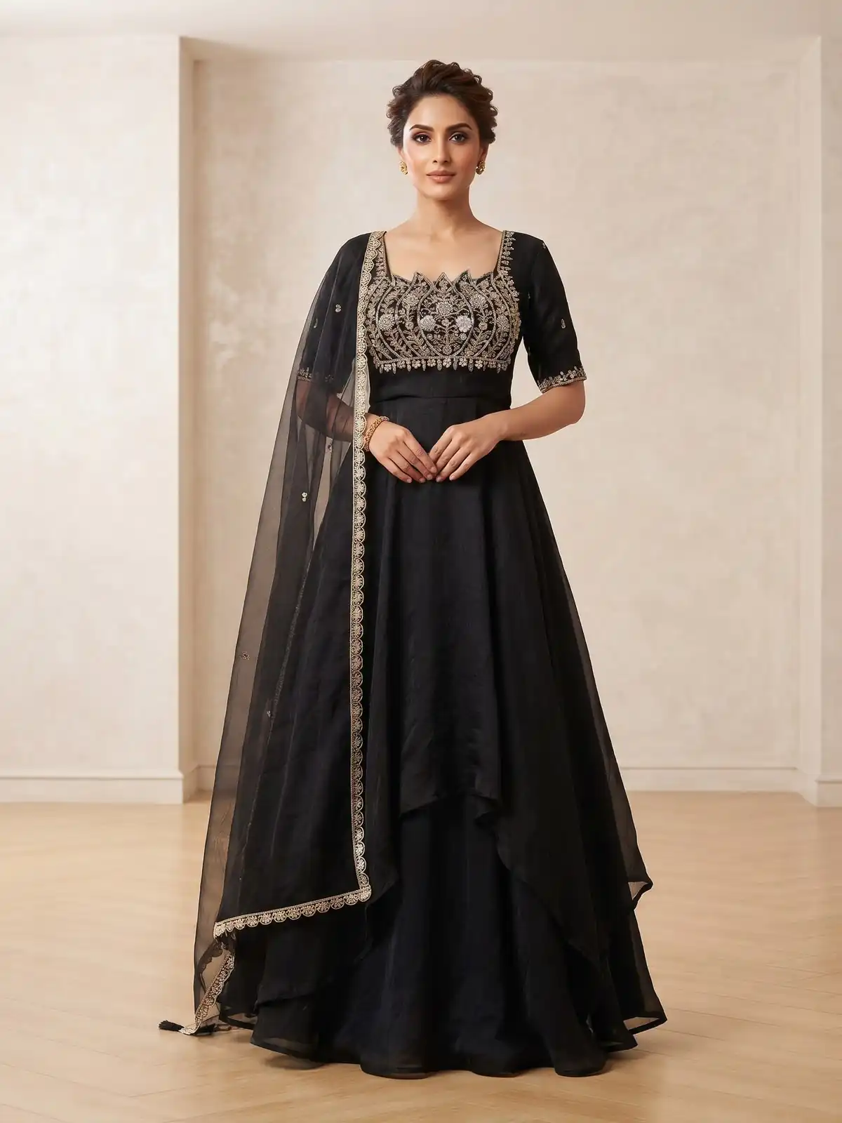 Fancy Black Fendy Crush Beads Work Gown