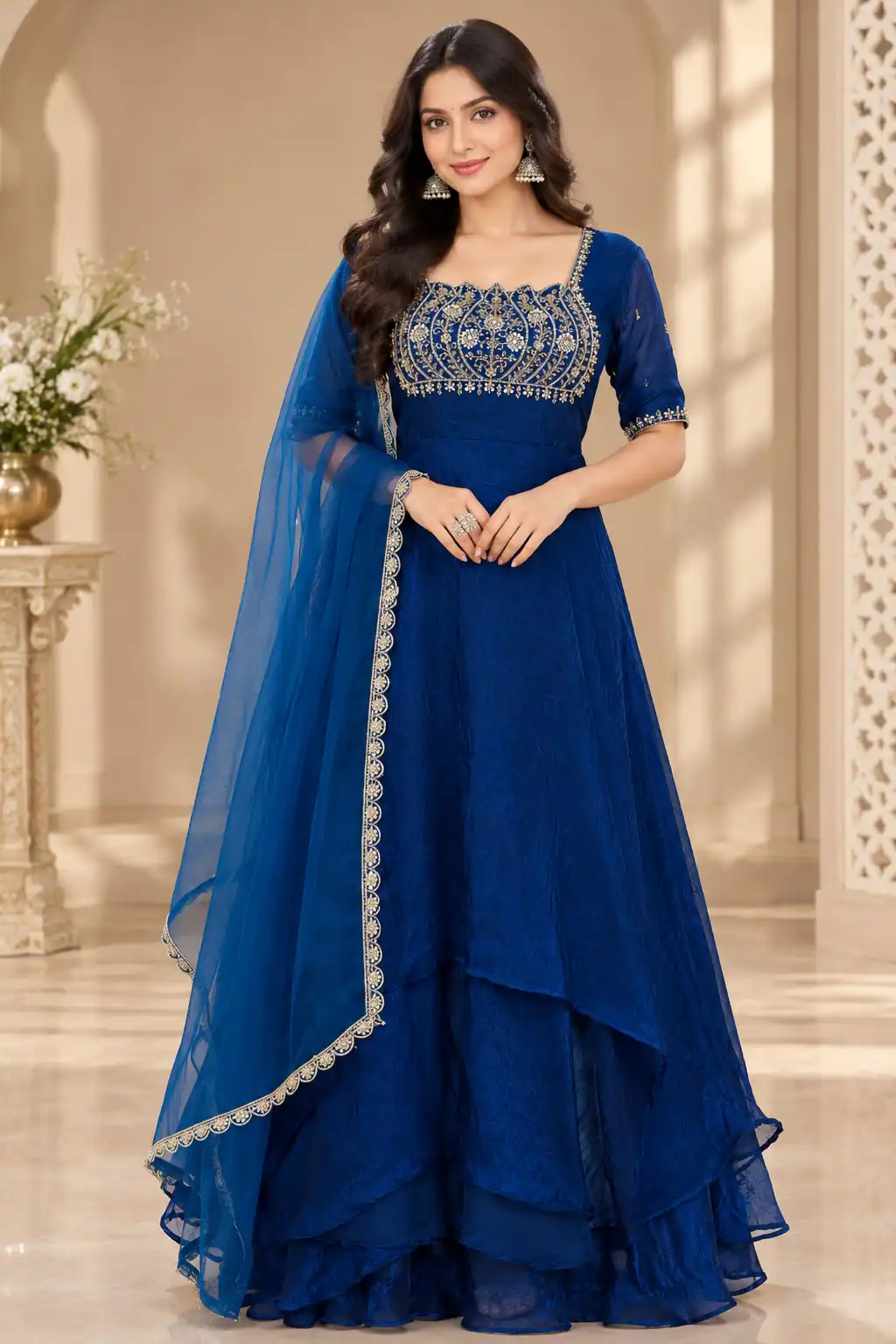 Fancy Blue Fendy Crush Beads Work Gown