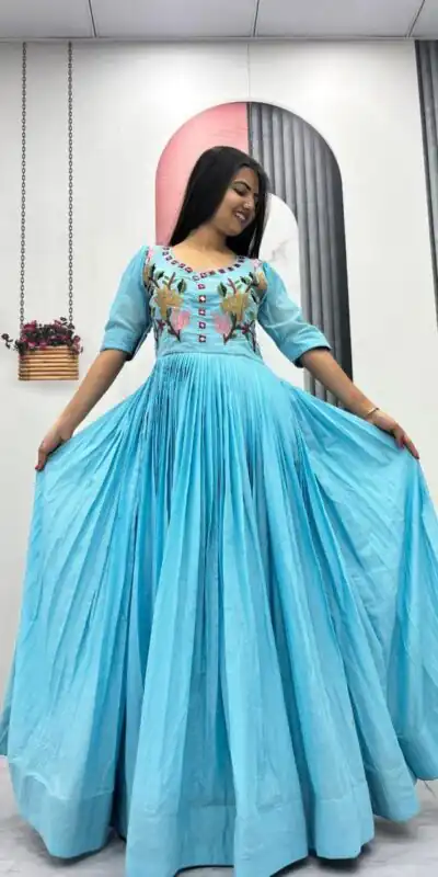 Fancy Blue Mal Cotton Mirror Embroidery Work Gown