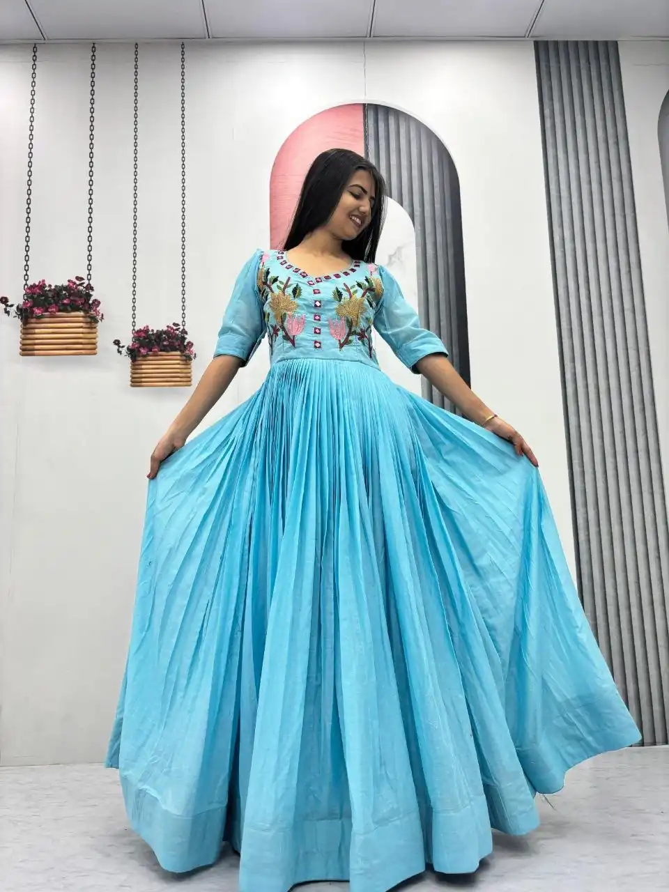 Fancy Blue Mal Cotton Mirror Embroidery Work Gown