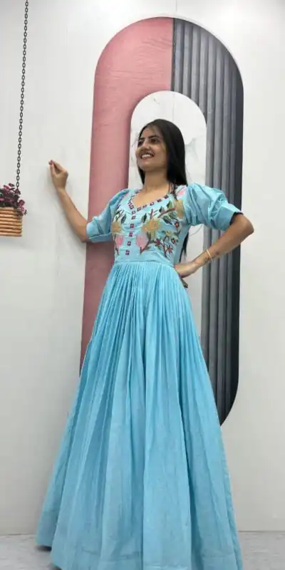 Fancy Blue Mal Cotton Mirror Embroidery Work Gown